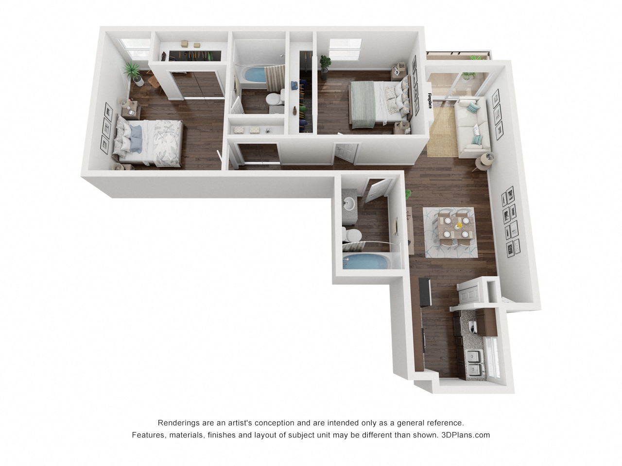 Floor plan for 2 beds, 2 baths, 978 sqft